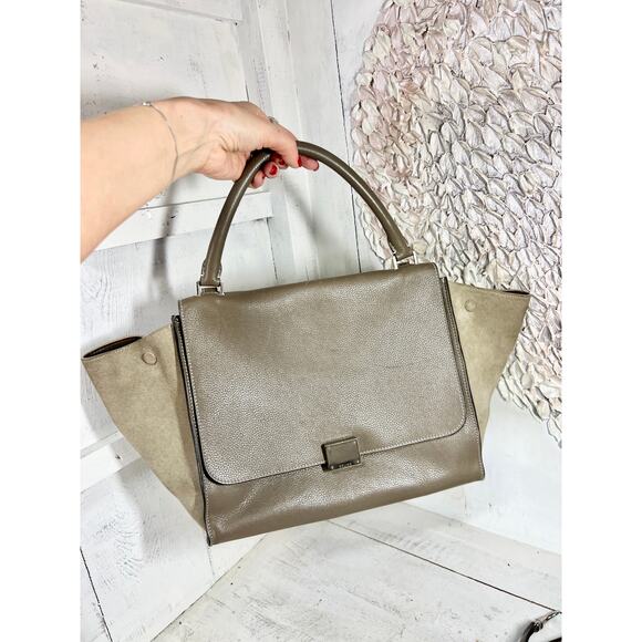 Celine Trapeze Souris Drummed Leather Top Handle Medium Flap Handbag Gray - Picture 5 of 16